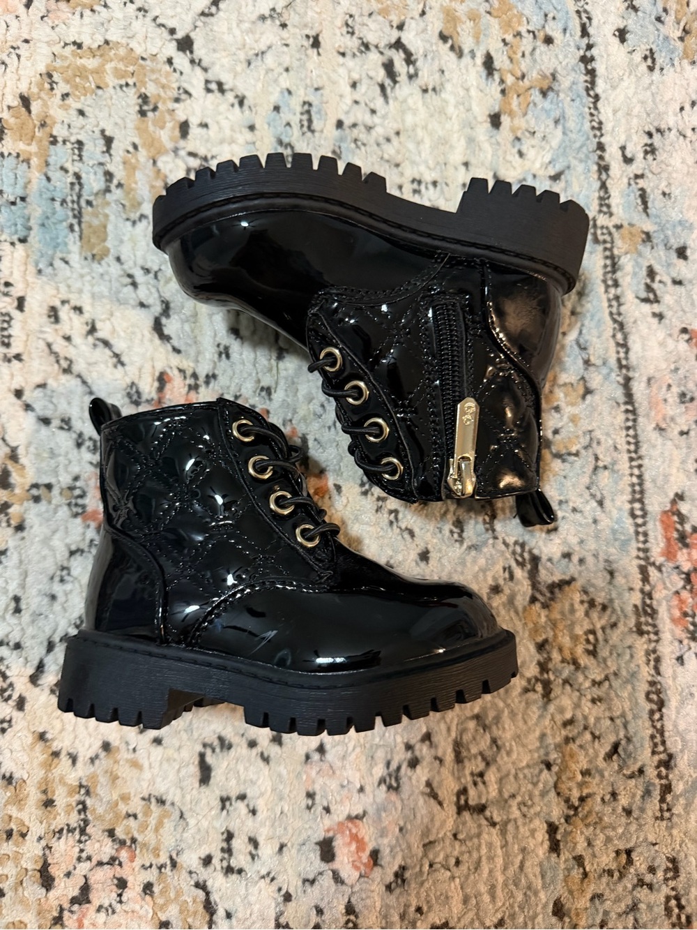 NWOT Sam & Libby Black Patent Lace-Up Combat Boots with Side Zip